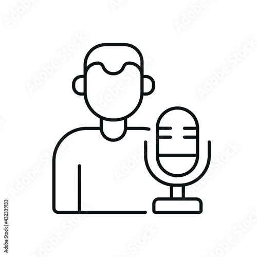 Microphone and radio host linear icon. Podcast. Thin line customizable illustration. Contour symbol. Vector isolated outline drawing. Editable stroke