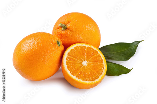 Oranges  Isolated on White Background     Group of Navel Cultivar  Cut Open Half and Whole Group  Macro Close Up on Pulp  Skin and Pores  Leaves     High Resolution Detail  Seedless