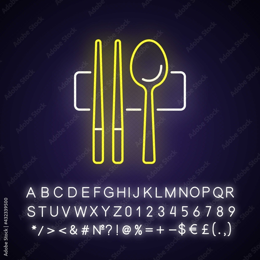 Sujeo neon light icon. Metal chopsticks. Spoon for eating. Oriental tableware. Eastern cutlery. Outer glowing effect. Sign with alphabet, numbers and symbols. Vector isolated RGB color illustration