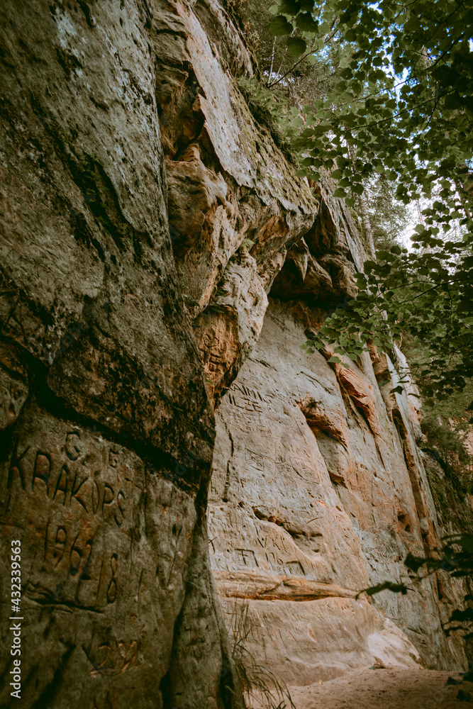 Hiking trail by the Licu and Langu sandstone cliffs by the Gauja river in Latvia