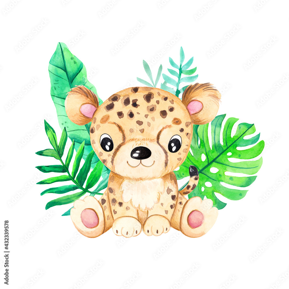 Watercolor hand-drawn illustration with cute baby leopard and tropical leaves. Watercolor funny animal for baby graphic suit printing. kids nursery wear fashion design, baby shower invitation card Watercolor hand-drawn illustration with cute baby leopard and tropical leaves. Watercolor funny animal for baby graphic suit printing. kids nursery wear fashion design, baby shower invitation card