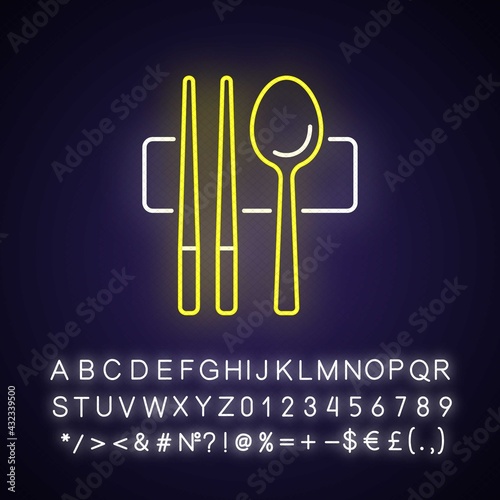 Sujeo neon light icon. Metal chopsticks. Spoon for eating. Oriental tableware. Eastern cutlery. Outer glowing effect. Sign with alphabet, numbers and symbols. Vector isolated RGB color illustration