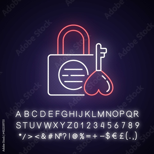 Namsan love locks neon light icon. Couple relationship devotion. Korean culture. Outer glowing effect. Sign with alphabet, numbers and symbols. Vector isolated RGB color illustration