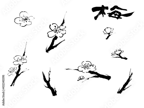 筆で描いた梅花水墨画墨絵イラスト背景なし