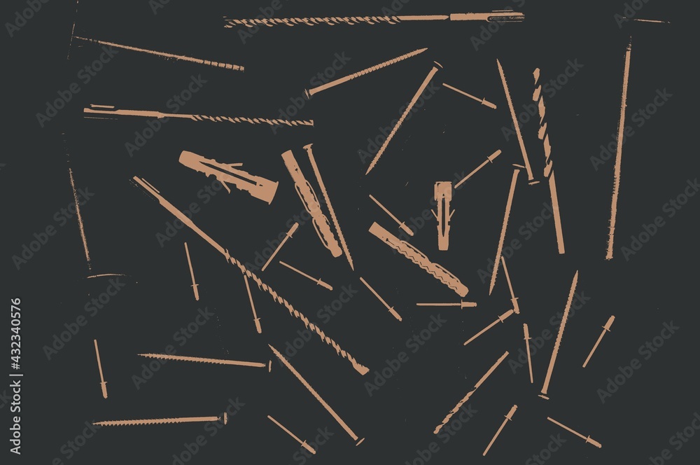 Screws, bolts, and drills are scattered across the table. Building materials on a gray background