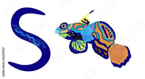 Letter S lowercase cute children colorful zoo and animals ABC alphabet tracing flashcard