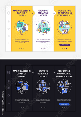 Special author rights onboarding vector template. Responsive mobile website with icons. Web page walkthrough 3 step screens. Selling works copies night and day mode concept with linear illustrations