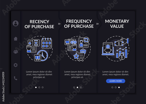 RFM model examination onboarding vector template. Responsive mobile website with icons. Web page walkthrough 3 step screens. Monetary value, frequency night mode concept with linear illustrations photo