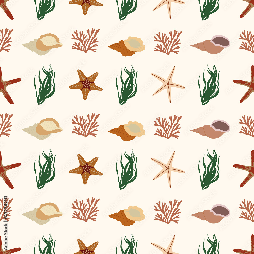 Seamless pattern with seaweed, seashells, starfish and corals ...