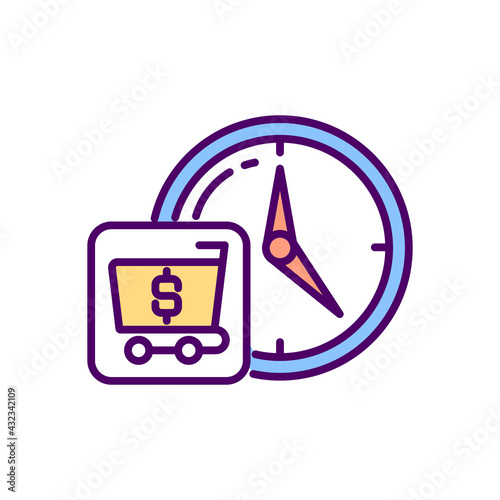 Time spent shopping RGB color icon. Purchasing process. Timing, frequentness. Compulsive shopping. Buying goods, services. Shopaholic experience. Making repeat purchase. Isolated vector illustration