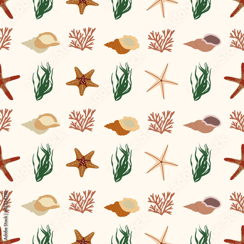 Seamless pattern with seaweed  seashells  starfish and corals. Backgrounds and wallpapers for invitations  cards  fabrics  packaging  textiles  posters. Vector illustration. 