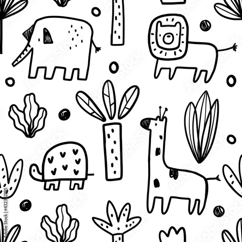 Vector seamless hand drawn doodle pattern with safari animals and tropical plants. Vector texture in childish style great for fabric and textile, wallpapers, backgrounds.
