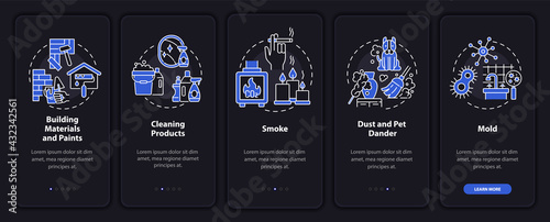 At-home air pollutants onboarding mobile app page screen with concepts. Cleaning products walkthrough 5 steps graphic instructions. UI, UX, GUI vector template with linear night mode illustrations