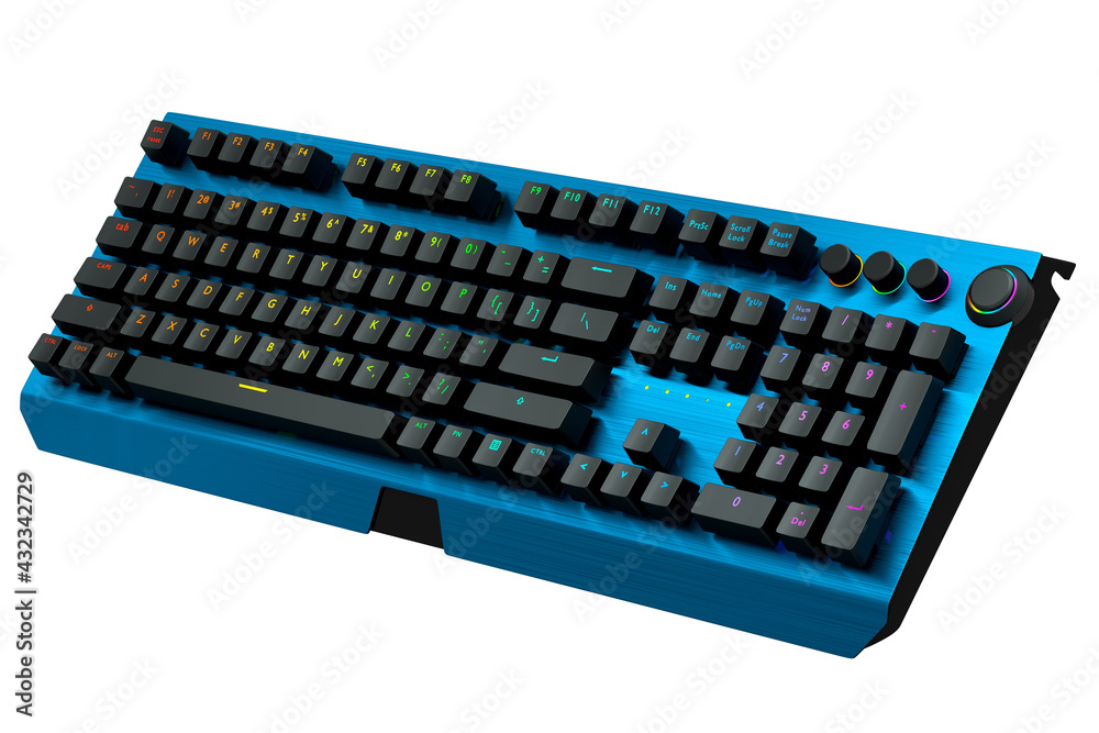 Blue computer keyboard with rgb colors isolated on white background. Blue computer keyboard with rgb colors isolated on white background.