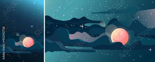 Starry sky with moon. Space landscape in vertical and horizontal orientation.