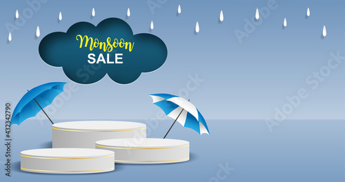 Rainy season theme product display podium. Design with clouds and raining drops on blue sky background. paper art style. vector.