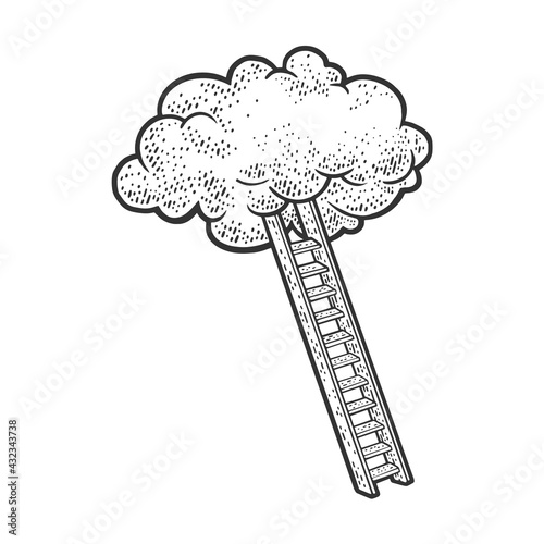 Ladder to cloud sketch engraving vector illustration. Stairs to heaven metaphor. T-shirt apparel print design. Scratch board imitation. Black and white hand drawn image.