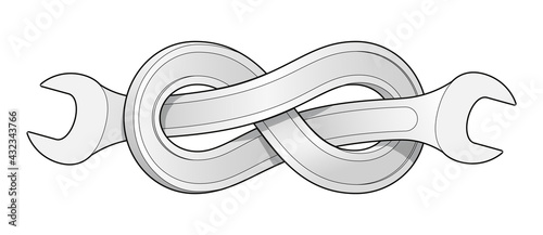 Wrench bent into eight knot. Twisted spanner repair tool. Physical strength sign. Isolated vector illustration with editable outlines.
