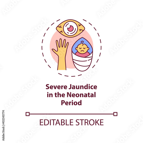 Severe jaundice in neonatal period concept icon. Congenital hearing loss idea thin line illustration. Yellowish skin and eyes discoloration. Vector isolated outline RGB color drawing. Editable stroke
