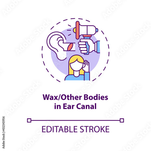 Wax and other foreign bodies in ear canal concept icon. Acquired hearing loss cause idea thin line illustration. Foreign object damaging ear. Vector isolated outline RGB color drawing. Editable stroke