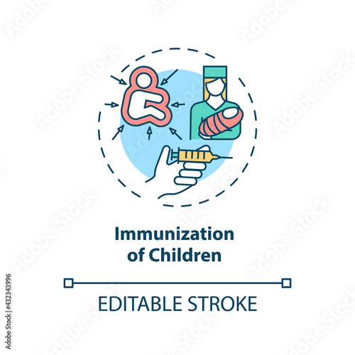 Children immunization concept icon. Hearing loss prevention idea thin line illustration. Receiving recommended vaccines. Vaccination. Vector isolated outline RGB color drawing. Editable stroke