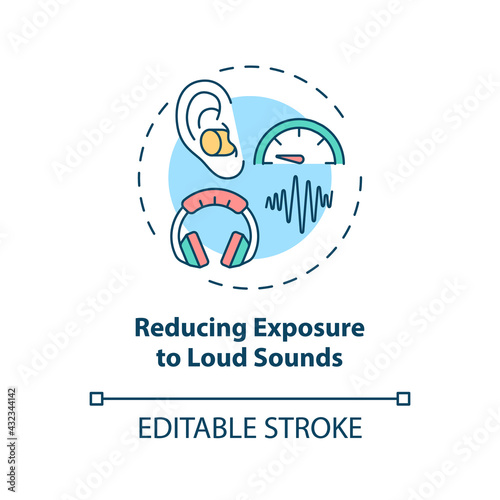 Reducing exposure to loud sounds concept icon. Hearing loss prevention idea thin line illustration. Equipment noise reduce. Workplace safety. Vector isolated outline RGB color drawing. Editable stroke