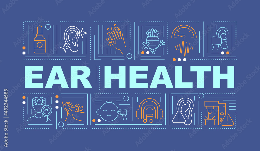 Fototapeta premium Ear health word concepts banner. Hearing improvement. Ear cleaning. Healthy lifestyle. Infographics with linear icons on blue background. Isolated typography. Vector outline RGB color illustration