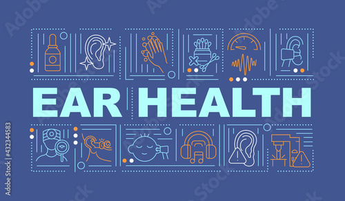 Wallpaper Mural Ear health word concepts banner. Hearing improvement. Ear cleaning. Healthy lifestyle. Infographics with linear icons on blue background. Isolated typography. Vector outline RGB color illustration Torontodigital.ca