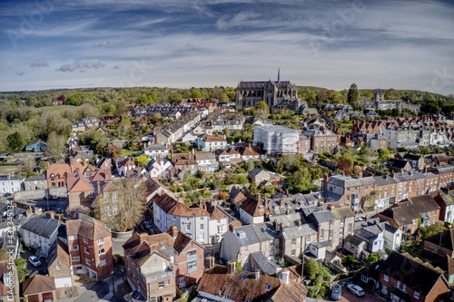 Aerial view of the old town of Arundel in West Sussex, England and Arundel Cathedral in Southern England on the banks of the River Arun.