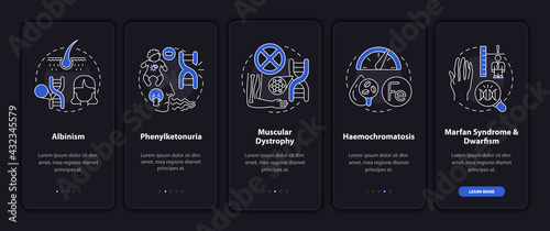 Most common genetic disorders onboarding mobile app page screen with concepts. Illness walkthrough 5 steps graphic instructions. UI, UX, GUI vector template with linear night mode illustrations photo