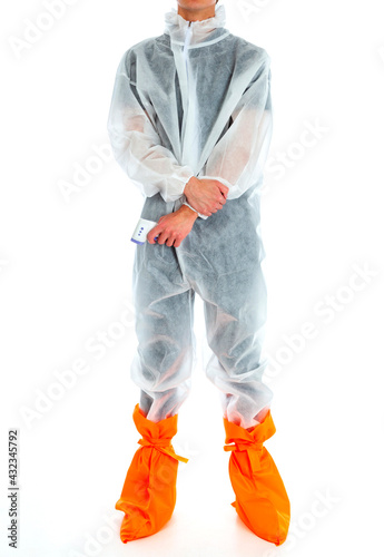 Man wearing protective suit and orange shoes isolated on white background