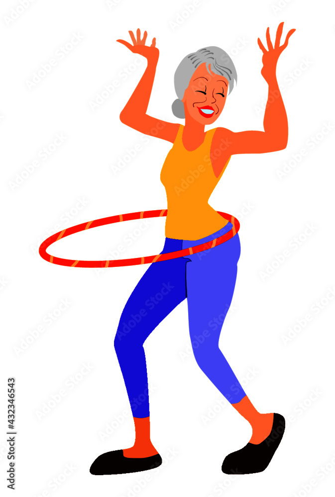 Old woman dances with Sports Hoop. Age is just a number. Old woman dancing happy with weighted hoop. Little happiness after retirement Old woman dances with Sports Hoop. Age is just a number. Old woman dancing happy with weighted hoop. Little happiness after retirement
