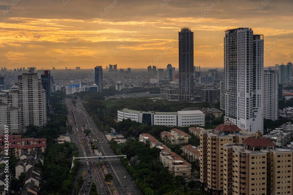 Obraz premium Beautiful scenery of Jakarta Skyline from Wisma Atlet Jakarta. Place where i got quarantine during covid19