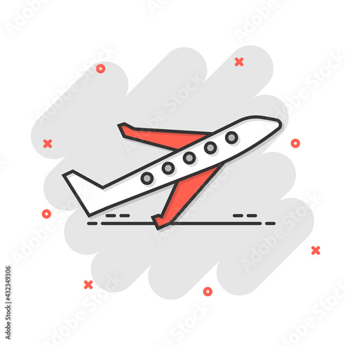 Plane icon in comic style. Airplane cartoon vector illustration on white isolated background. Flight airliner splash effect business concept.