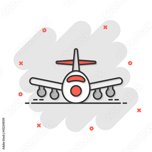 Plane icon in comic style. Airplane cartoon vector illustration on white isolated background. Flight airliner splash effect business concept.