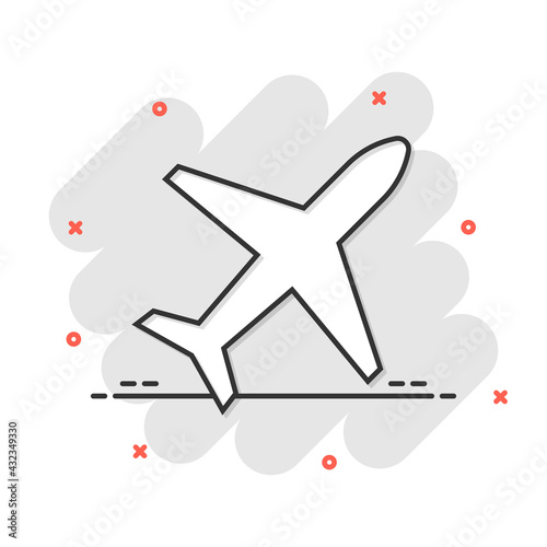 Plane icon in comic style. Airplane cartoon vector illustration on white isolated background. Flight airliner splash effect business concept.