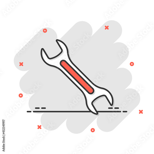 Wrench icon in comic style. Spanner key cartoon vector illustration on white isolated background. Repair equipment splash effect business concept.