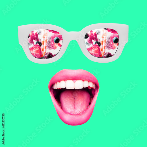 Contemporary art collage, modern design. Summer mood. Sunglasses and female mouthes and lips on blue © master1305