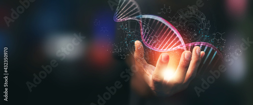 Fototapeta Naklejka Na Ścianę i Meble -  Digital of Virtual analysis chromosome DNA test of human in situations disease COVID-19 virus on hands in 3D illustration. Of free space for texts and creativity.