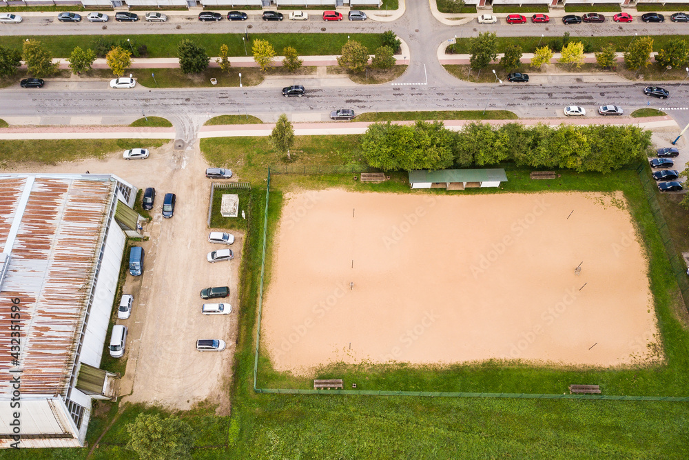 Aerial view of beach volleyball court in Kuldiga, Latvia.
