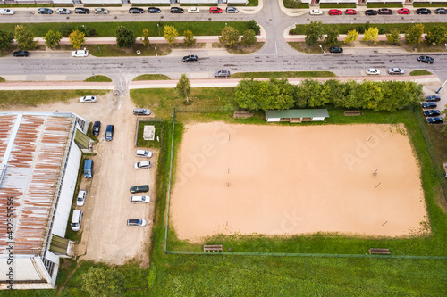 Aerial view of beach volleyball court in Kuldiga, Latvia.