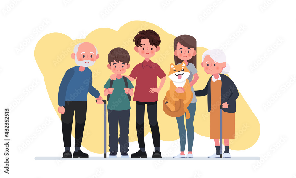 Happy big family standing together flat vector illustration. Happy big family standing together flat vector illustration.