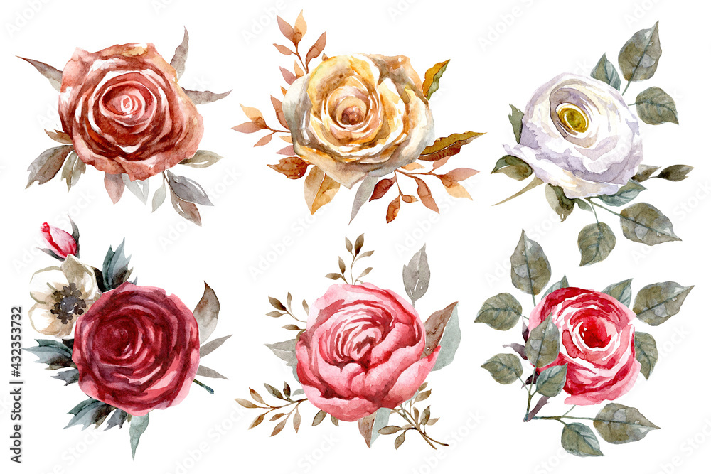 A set of bouquets of flowers and herbs. Watercolor illustration.
A set of bouquets of flowers and herbs. Watercolor illustration.