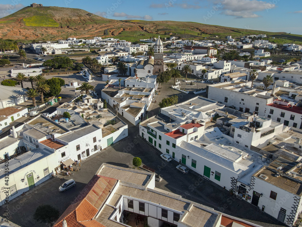 Aerial view with drone of Teguise at the Canary island on Lanzarote, Spain.
