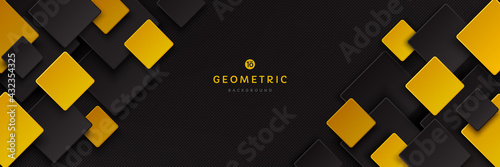 Modern black and yellow golden color square overlap pattern on dark background with shadow. Abstract trendy color geometric shape with copy space. Futuristic and technology concept. Vector EPS10.