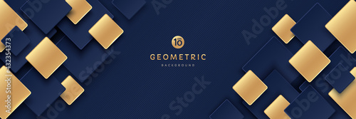 Modern dark blue and golden color square overlap pattern on dark background with shadow. Abstract trendy color geometric shape with copy space. Luxury and elegant concept. Vector EPS10.