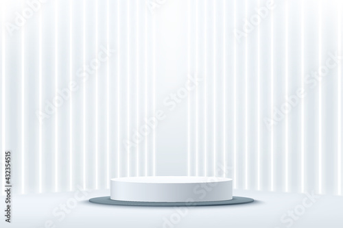 Abstract shine silver cylinder pedestal podium. Sci-fi empty room concept with vertical glowing neon lighting. Vector rendering 3d shape, Product display presentation. Futuristic minimal wall scene.