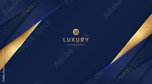 Dark navy blue and gold triangle shapes overlapped on background with glow golden striped lines and glitter. Luxury and elegant. Abstract template vector design. Design for presentation, banner, cover