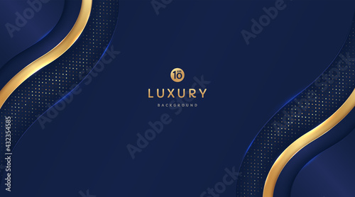 Dark navy blue and gold curve wavy shapes on background with glowing golden striped lines and glitter. Luxury and elegant. Abstract template design. Design for presentation, banner, cover.