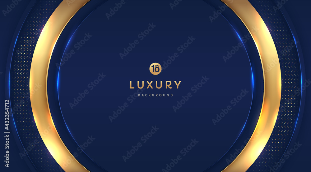 Dark navy blue and gold circle shapes on background with glowing golden ...